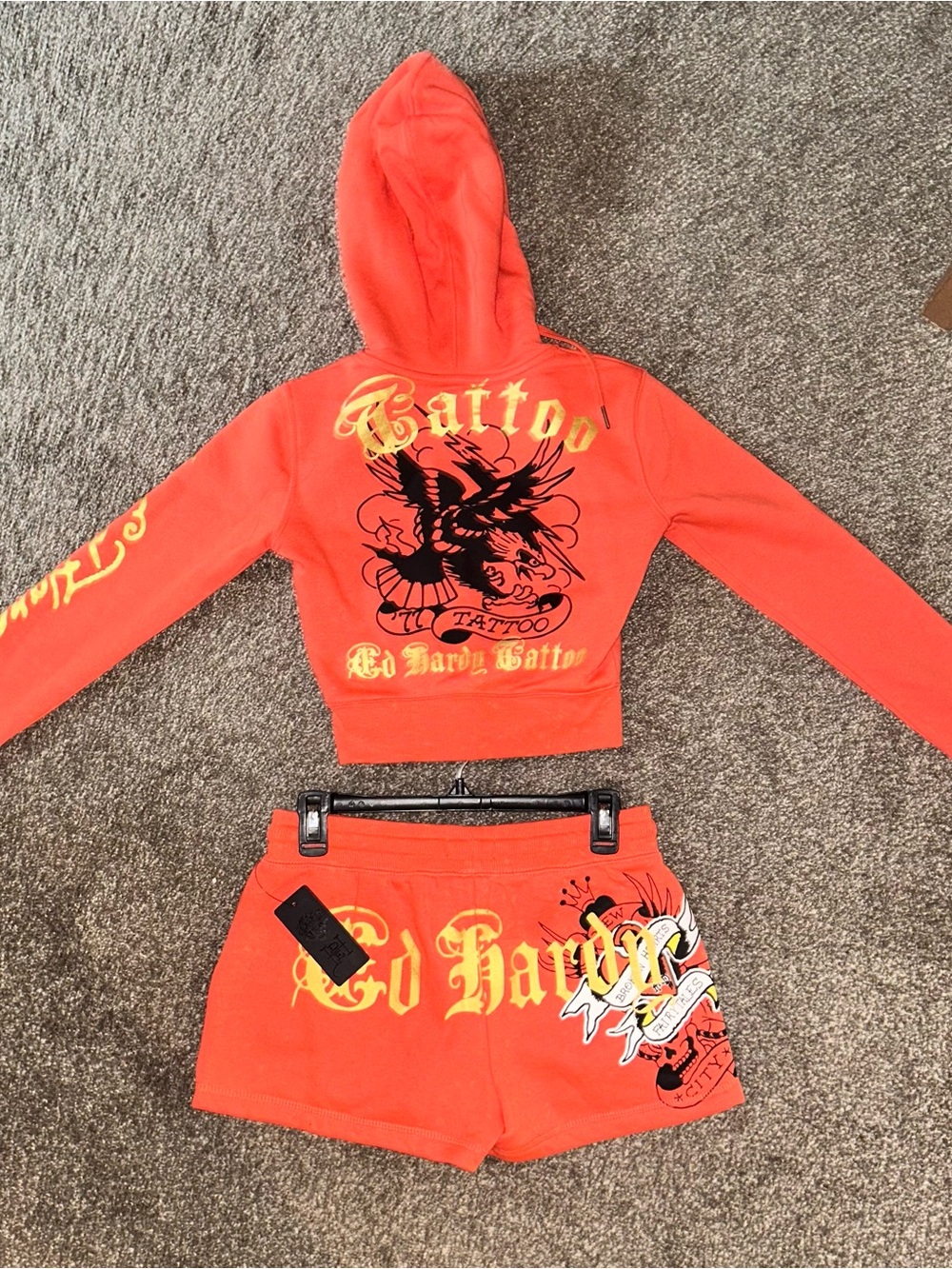 Red Graphic Hoodie & Shorts Set with Tattoo Motif